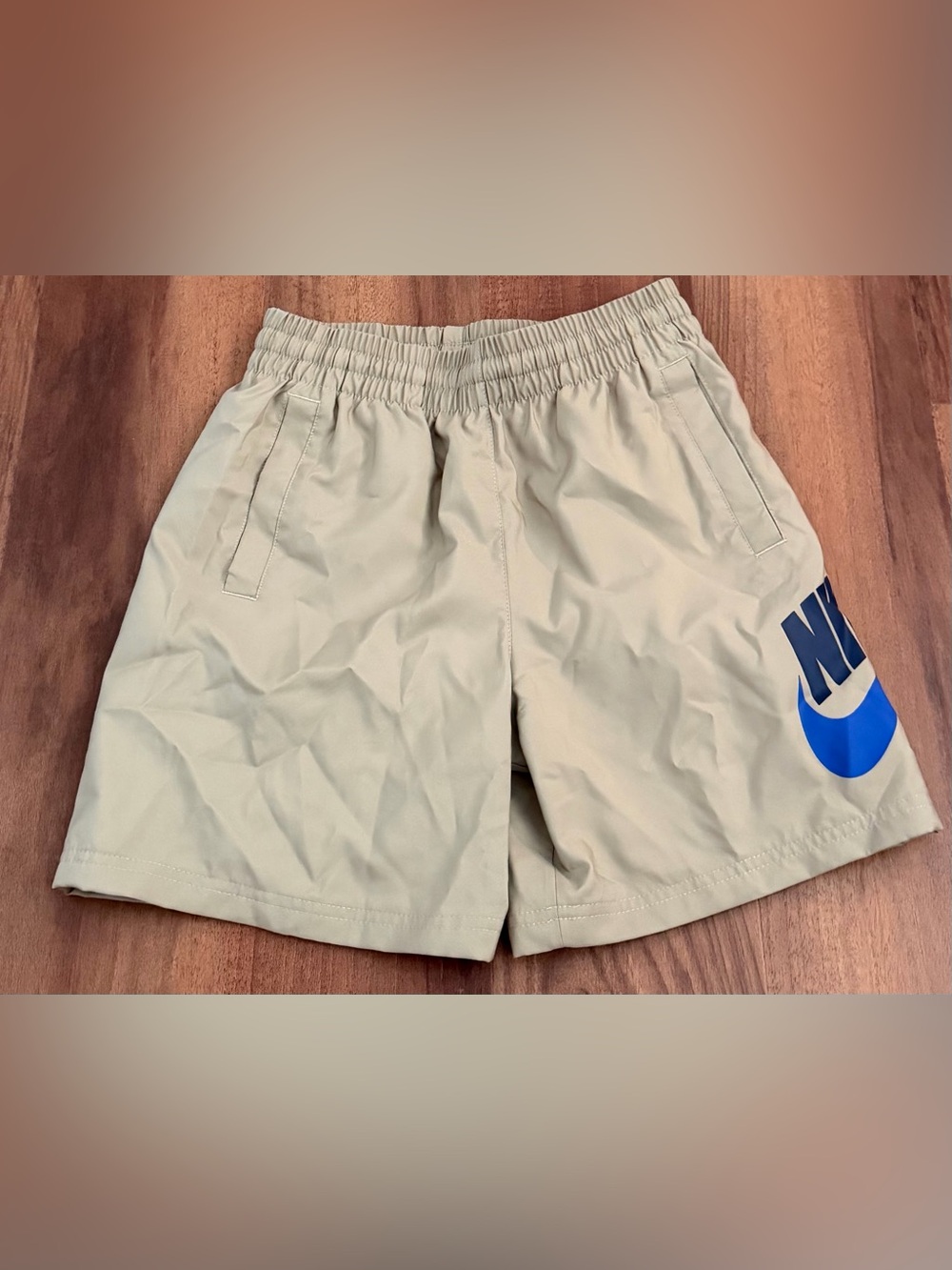 Nike Boys Athletic Shorts - Khaki with Blue Swoosh, Medium